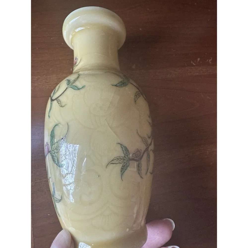 Vintage Chinese Peach Vase Hand Painted‎ Yellow Porcelain Decorated in Hong Kong
